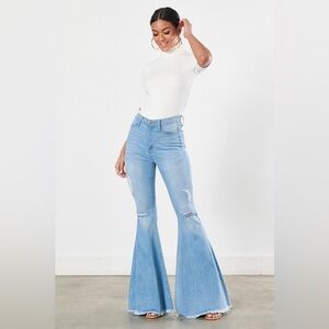 Distressed Frayed Hem Ultra Flare Bell Bottom Jeans - Vibrant M.i.U